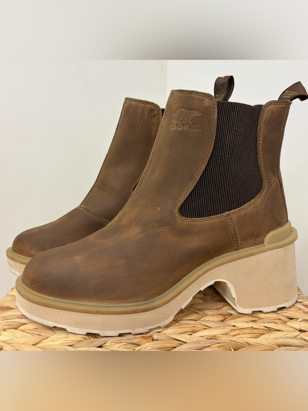 Sorel Brown Leather Platform Chelsea Ankle Boots
